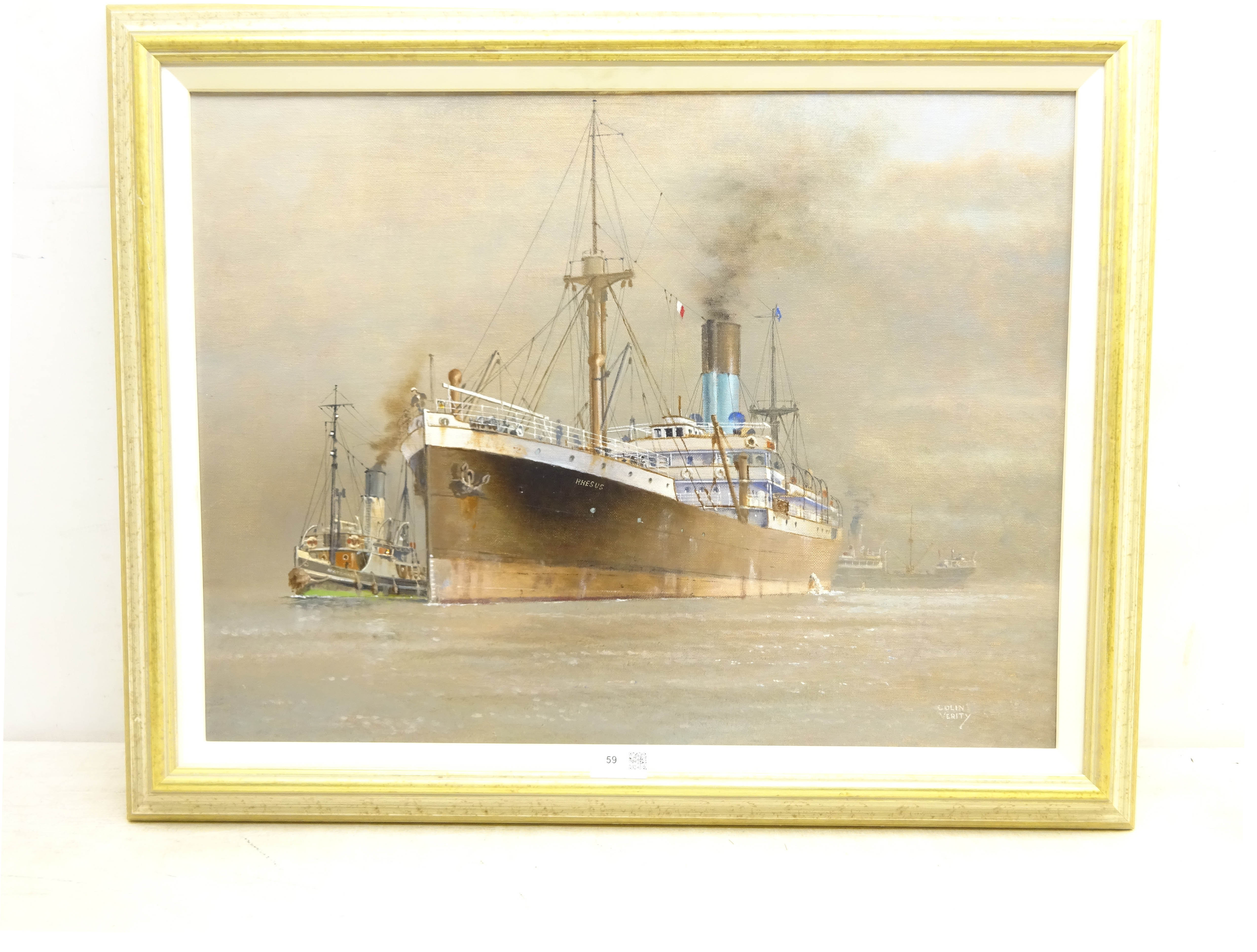 Colin Verity RSMA (British 1924-2011): Blue Funnel Line 'S S Rhesus' being assisted by a Steam Tug, - Image 2 of 2