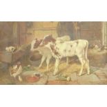 J Galt (British 19th/20th century): Stable Interior with Calves and Hens,