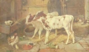 J Galt (British 19th/20th century): Stable Interior with Calves and Hens,
