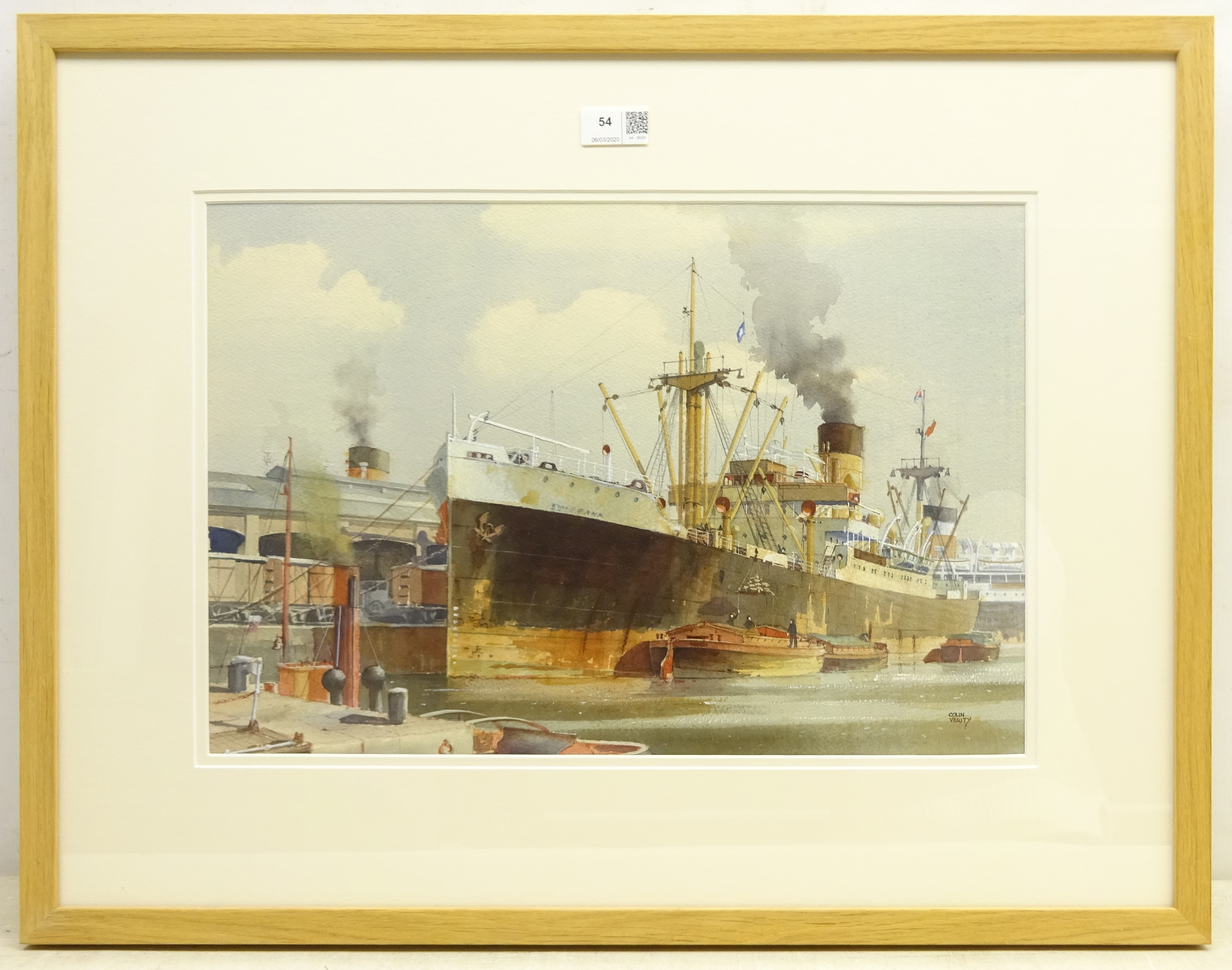 Colin Verity RSMA (British 1924-2011): Bank Line Steam Cargo Boat in Hull Docks, - Image 2 of 2