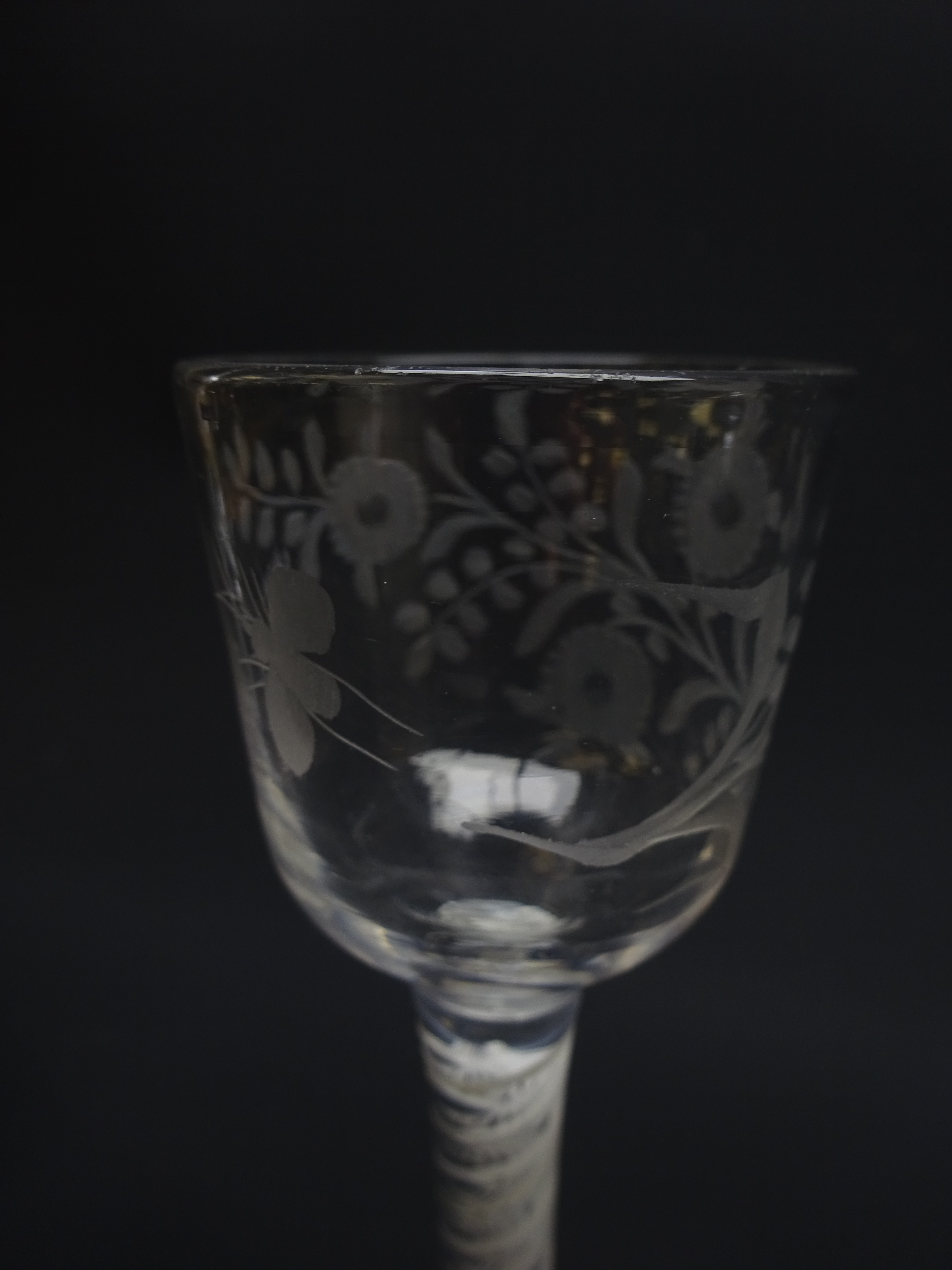 Georgian wine glass, semi-wrythen fluted ogee bowl above a opaque twist stem, - Image 2 of 8