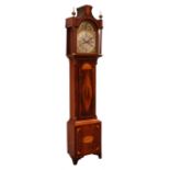 Early 19th century inlaid mahogany longcase clock with 48cm silvered arched dial with calendar