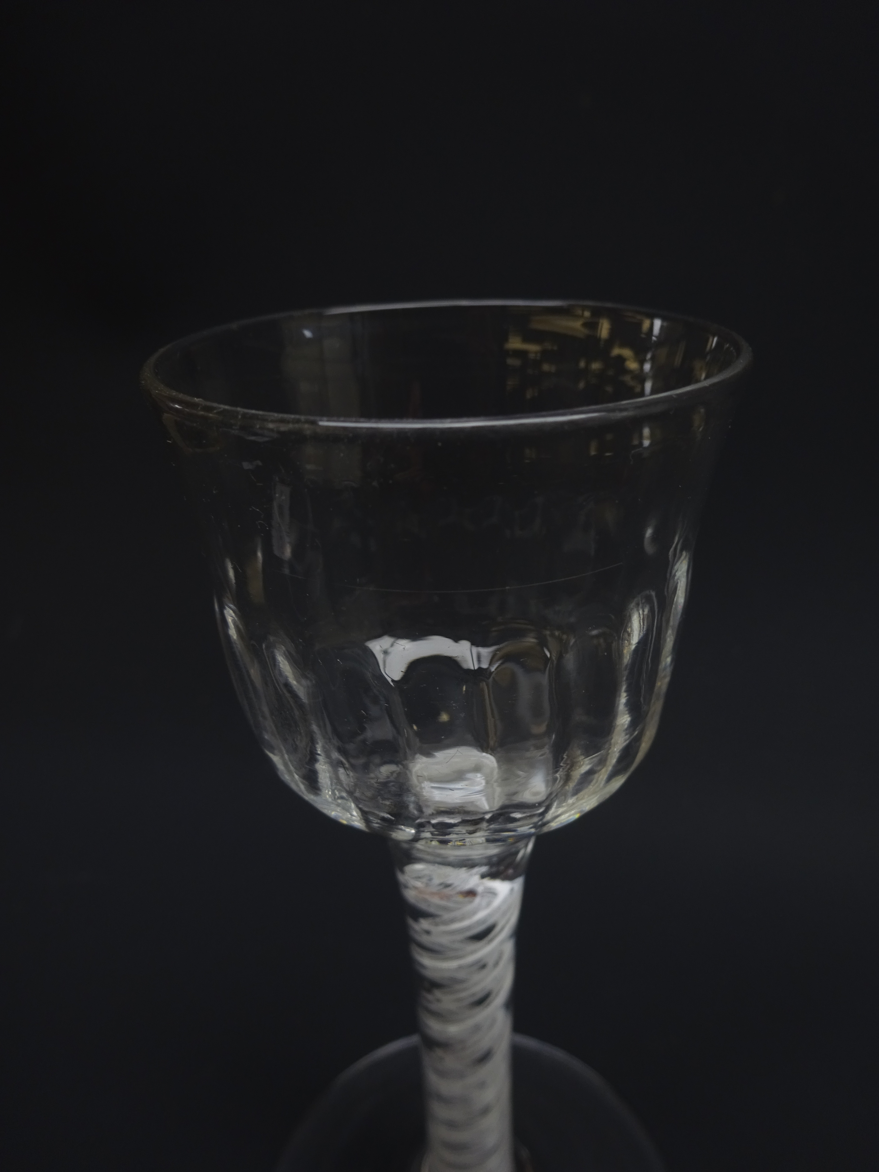 Georgian wine glass, semi-wrythen fluted ogee bowl above a opaque twist stem, - Image 7 of 8