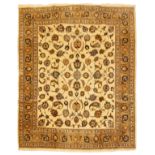 Meshed rug, ivory field with palmettes and boteh with palmette striped border,