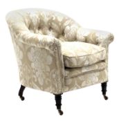 19th century tub chair with curved buttoned back,