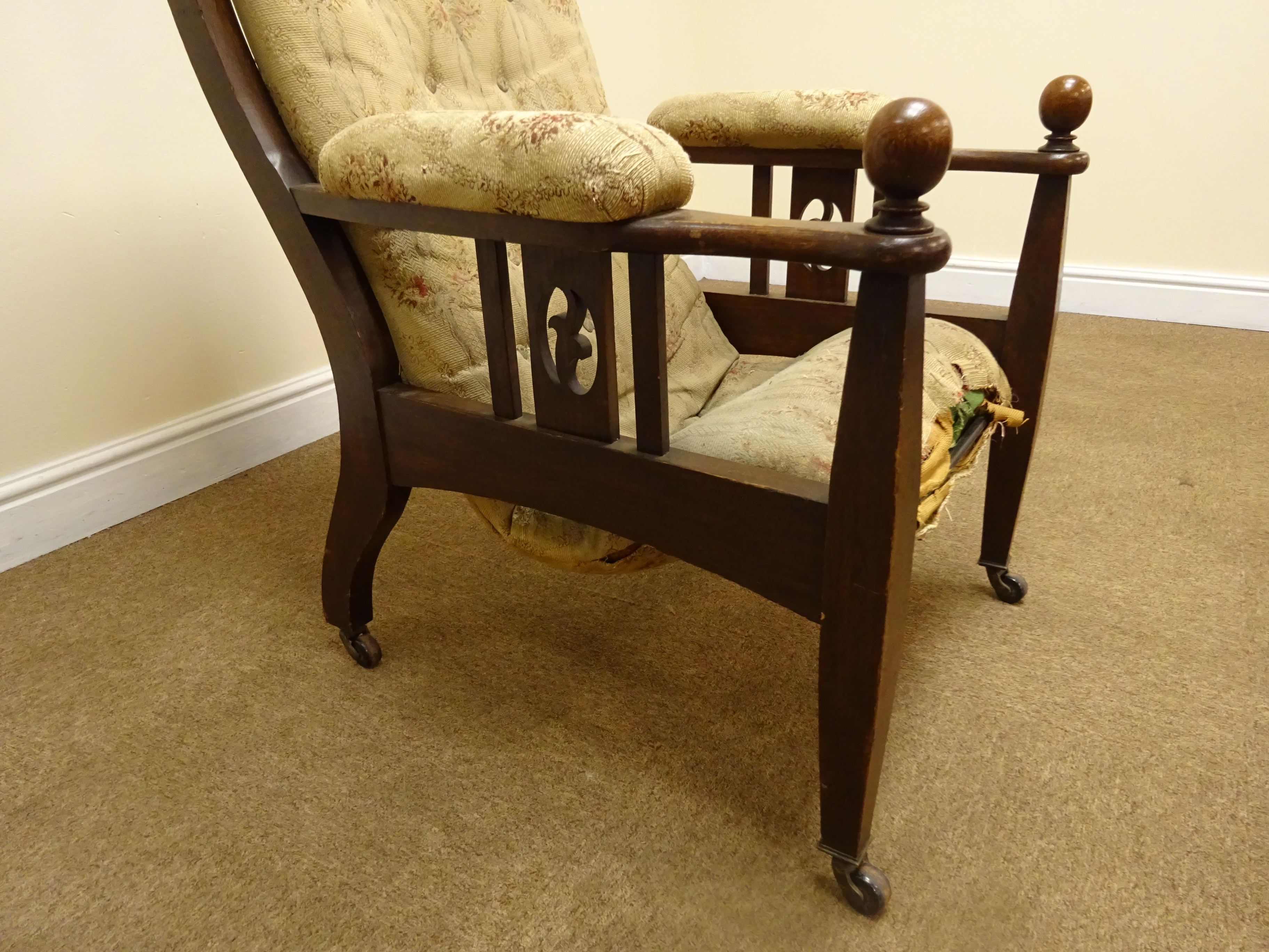 Arts & Crafts oak armchair, upholstered back, seat and arm pads, pierced and railed side panels, - Image 4 of 6
