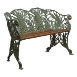 Coalbrookdale style cast metal wheat sheaf bench, hardwood slatted seat, green painted finish,