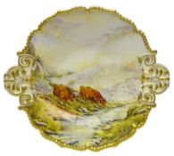 Royal Worcester two handled dish painted with Highland Cattle,