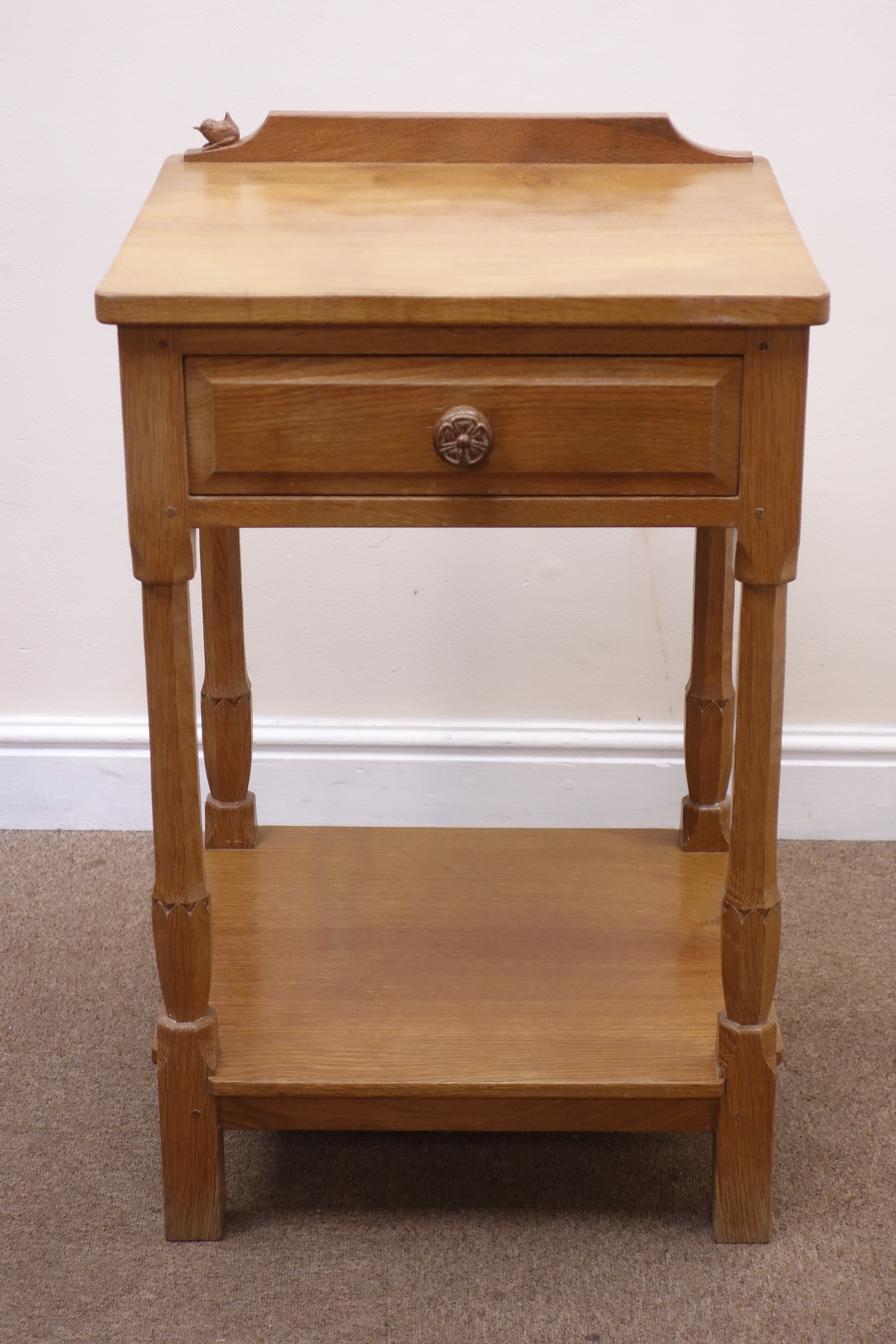 Bob 'Wrenman' Hunter oak side table, adzed top with raised back carved with signature Wren, - Image 3 of 7