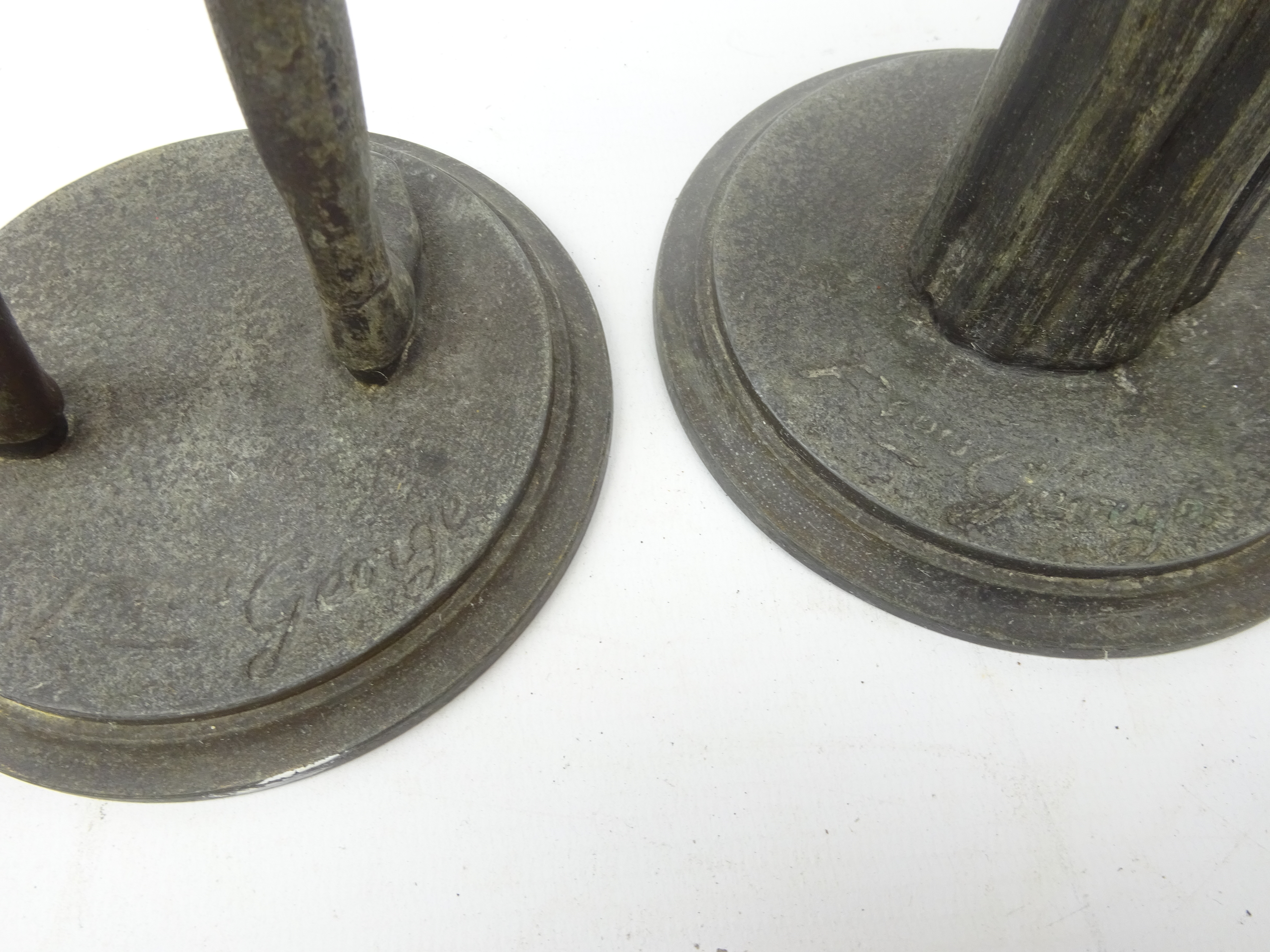 Pair 19th century painted spelter candlesticks after Francois George, - Image 3 of 3