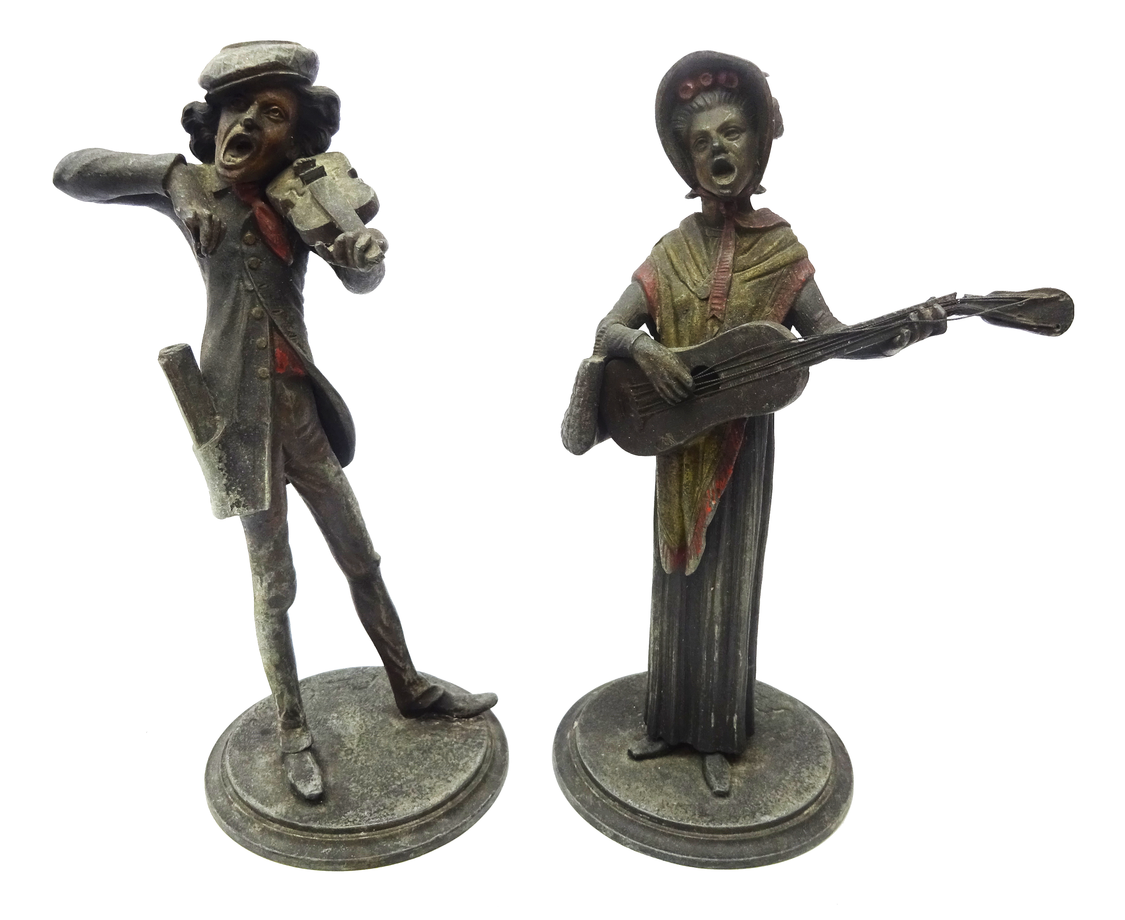 Pair 19th century painted spelter candlesticks after Francois George,