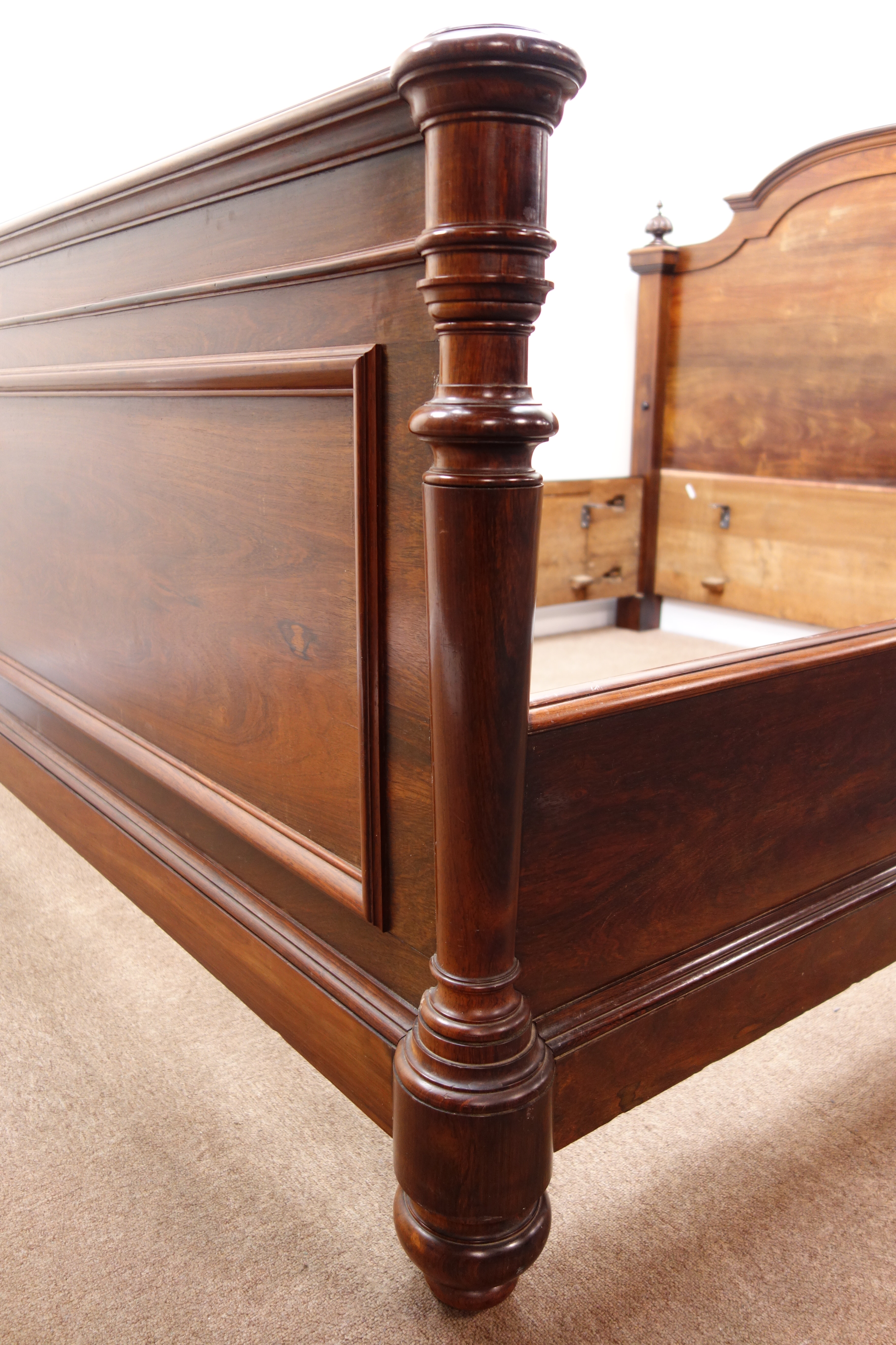 19th century French rosewood double bed stead, the stepped arched headboard with lobed finials, - Image 5 of 9