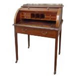 Edwardian inlaid mahogany cylinder front writing desk, with pierced brass galleried top,