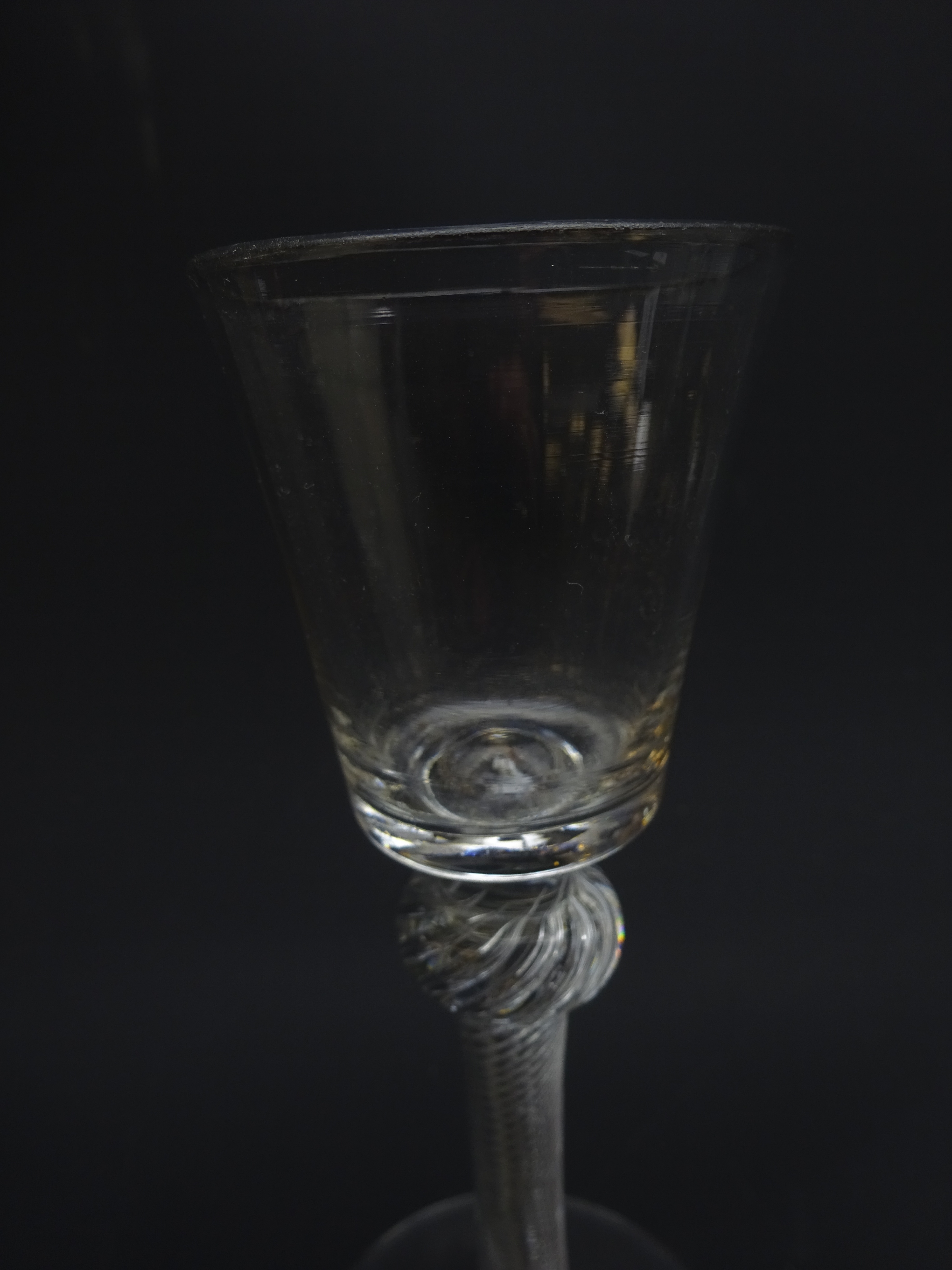 Georgian wine glass, bucket shaped bowl above a knopped air twist stem on conical foot, H15. - Image 5 of 7