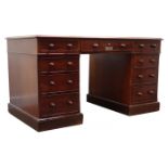 Victorian mahogany twin pedestal desk by Sopwith, moulded top with inset leather writing surface,