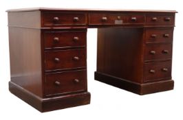 Victorian mahogany twin pedestal desk by Sopwith, moulded top with inset leather writing surface,