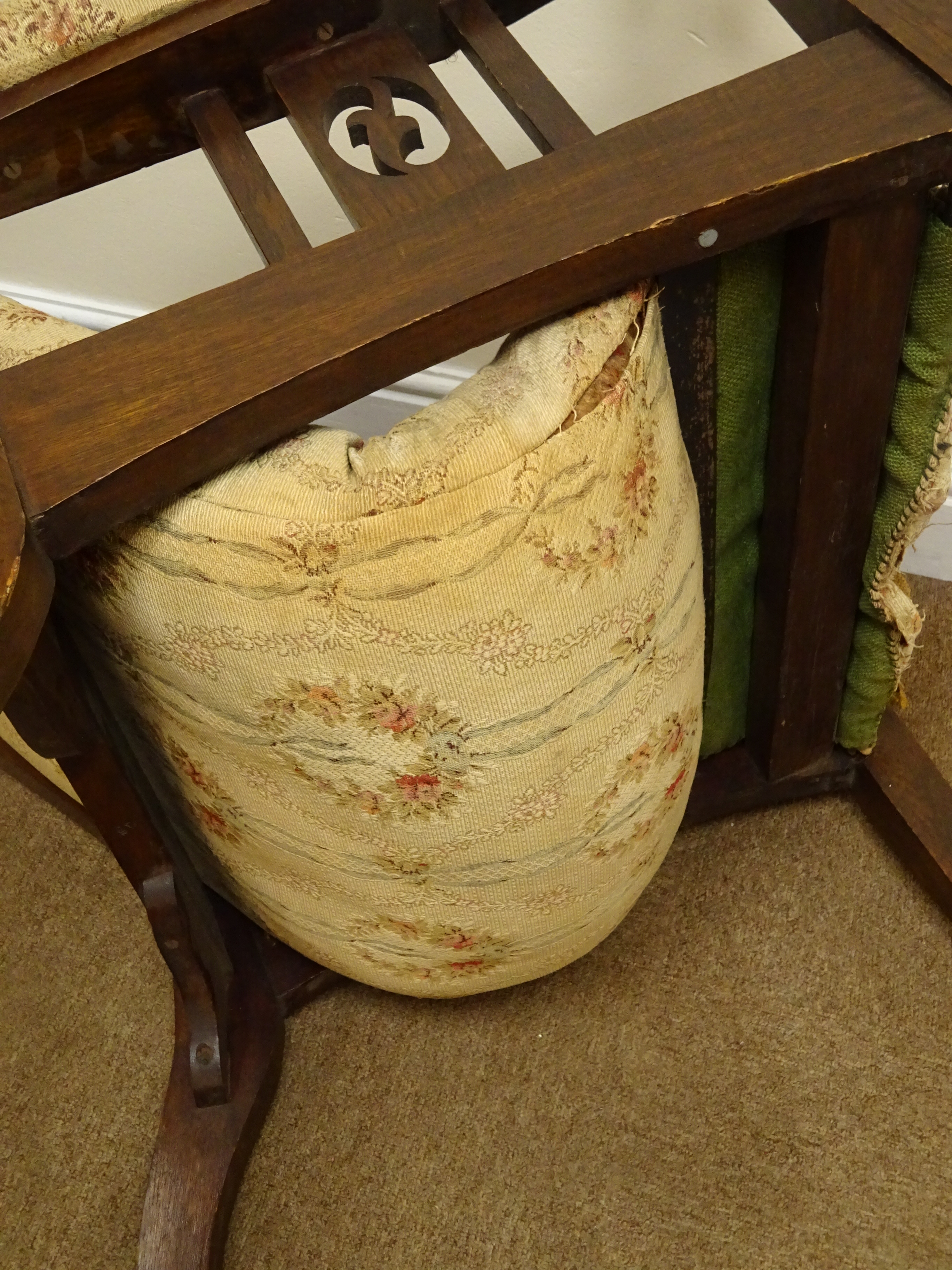 Arts & Crafts oak armchair, upholstered back, seat and arm pads, pierced and railed side panels, - Image 6 of 6