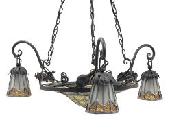 Art Nouveau style wrought metal ceiling light fitting, dome leaded glass central shade,