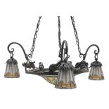 Art Nouveau style wrought metal ceiling light fitting, dome leaded glass central shade,