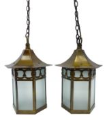 Pair of Arts & Crafts oxidised brass hexagonal porch lanterns, retailed by Harrods circa 1910,
