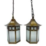 Pair of Arts & Crafts oxidised brass hexagonal porch lanterns, retailed by Harrods circa 1910,