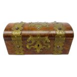 Victorian burr walnut jewellery box, casket form with brass strapwork,