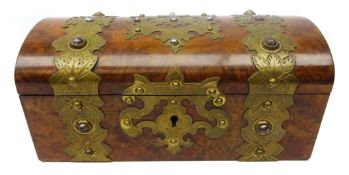 Victorian burr walnut jewellery box, casket form with brass strapwork,