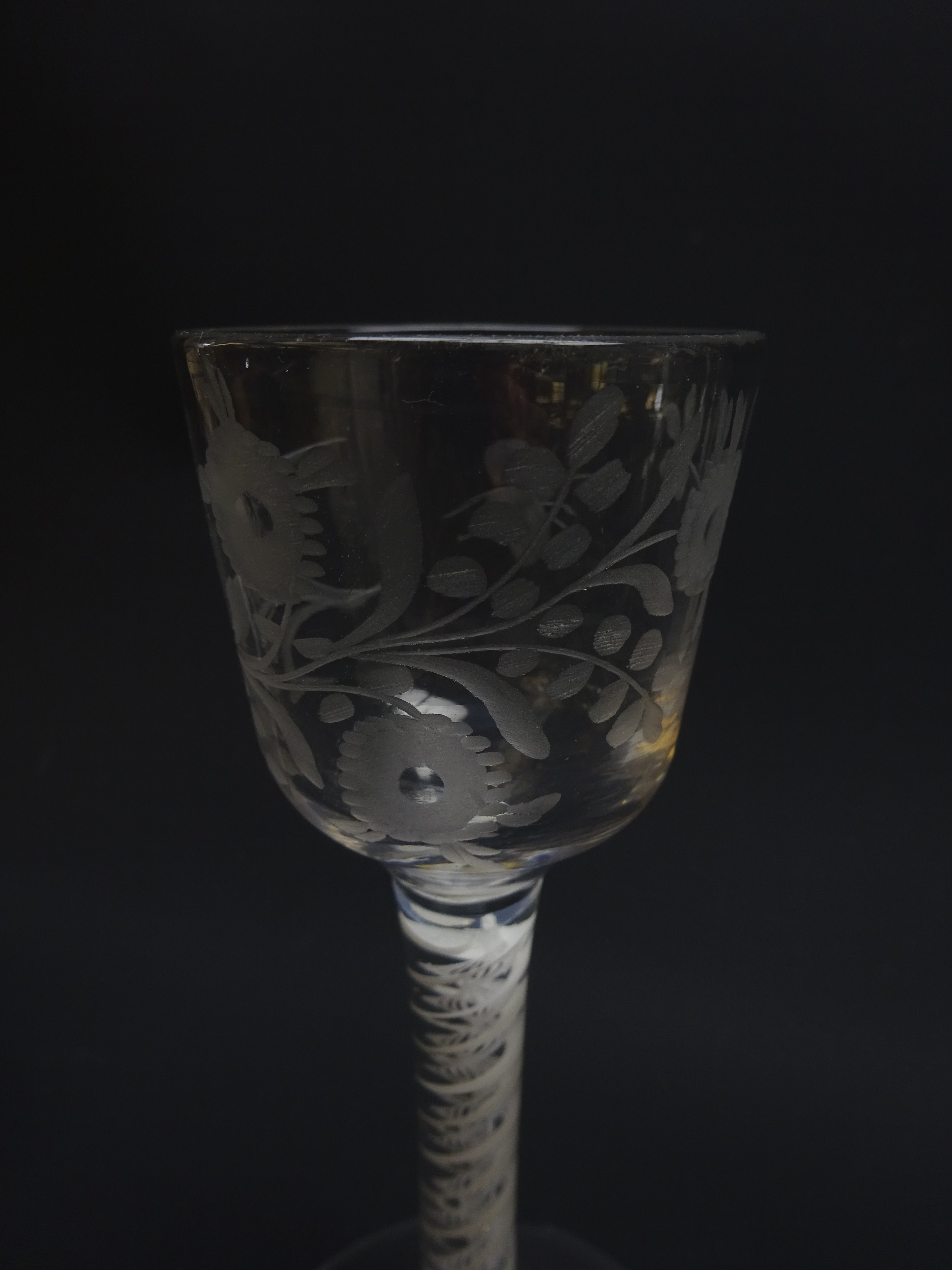 Georgian wine glass, semi-wrythen fluted ogee bowl above a opaque twist stem, - Image 3 of 8