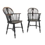 Pair 19th century yew and elm Windsor chairs,