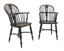 Pair 19th century yew and elm Windsor chairs,