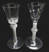 Georgian wine glass, bucket shaped bowl above a knopped air twist stem on conical foot, H15.