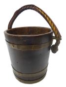 19th century brass bound coopered bucket with leather clad rope handle,