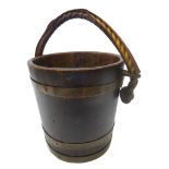 19th century brass bound coopered bucket with leather clad rope handle,