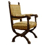 19th century walnut 'X' framed open armchair, lions head carved finials and arms,