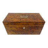 George III burr yew rectangular tea caddy, plated loop handle,