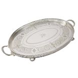 Edwardian Walker & Hall silver-plate galleried edged tea tray of oval form with a pierced gallery,