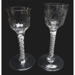 Georgian wine glass, semi-wrythen fluted ogee bowl above a opaque twist stem,