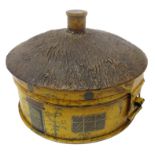 Early 19th century toleware spice box in the form of a thatched cottage, painted with doors,