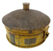 Early 19th century toleware spice box in the form of a thatched cottage, painted with doors,