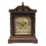 Late 19th century oak mantel clock by Lenzkirch, architectural case with scroll carved top,