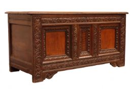 18th century oak coffer, planked top with moulded edge, front with central Tunbridge ware panel,