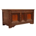 18th century oak coffer, planked top with moulded edge, front with central Tunbridge ware panel,