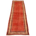 Araak red ground rug, field filled with boteh with a triple stripe geometric border,