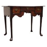 Late 18th century oak low boy, moulded top above three crossbanded drawers with shaped frieze,