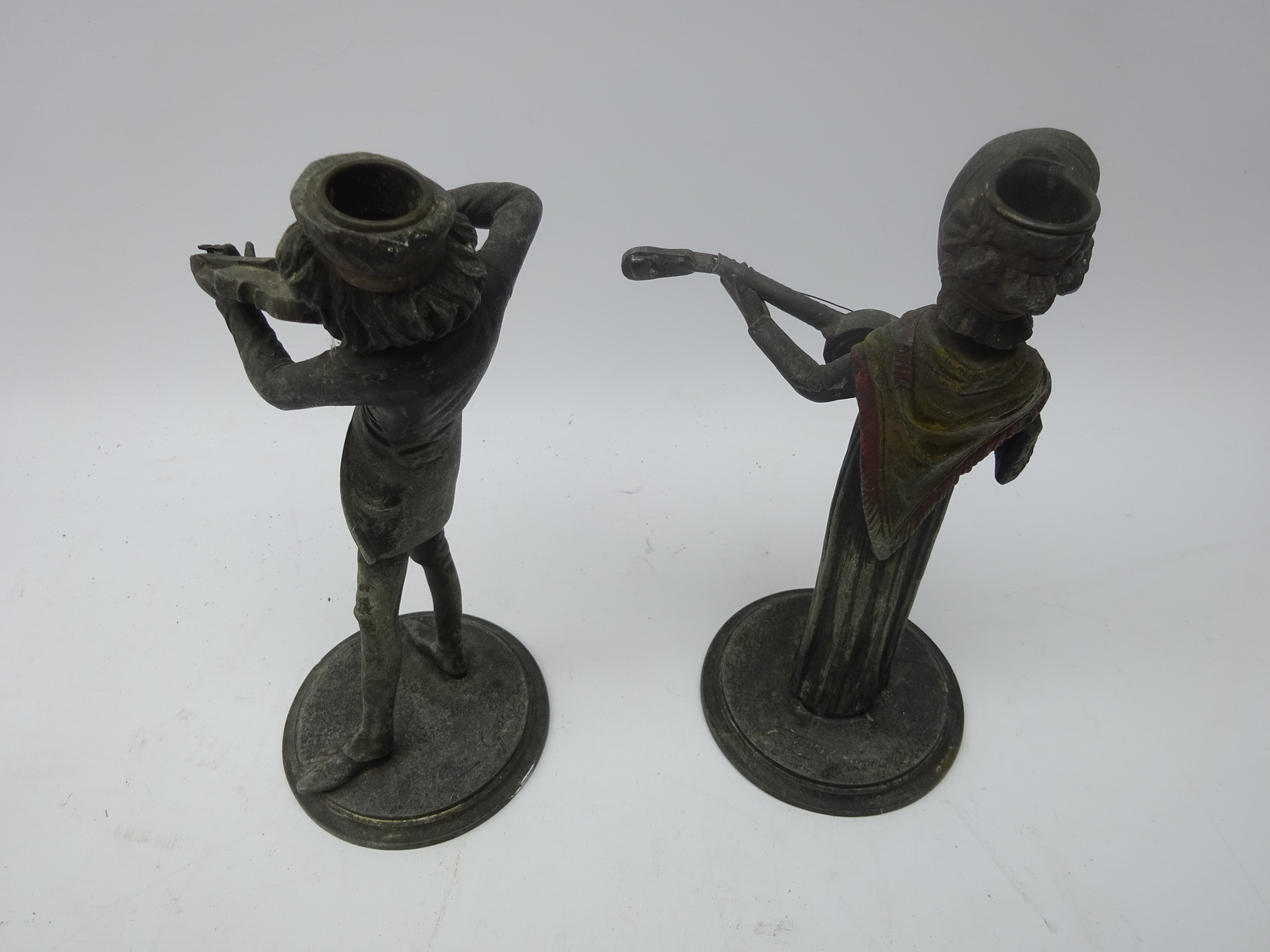 Pair 19th century painted spelter candlesticks after Francois George, - Image 2 of 3