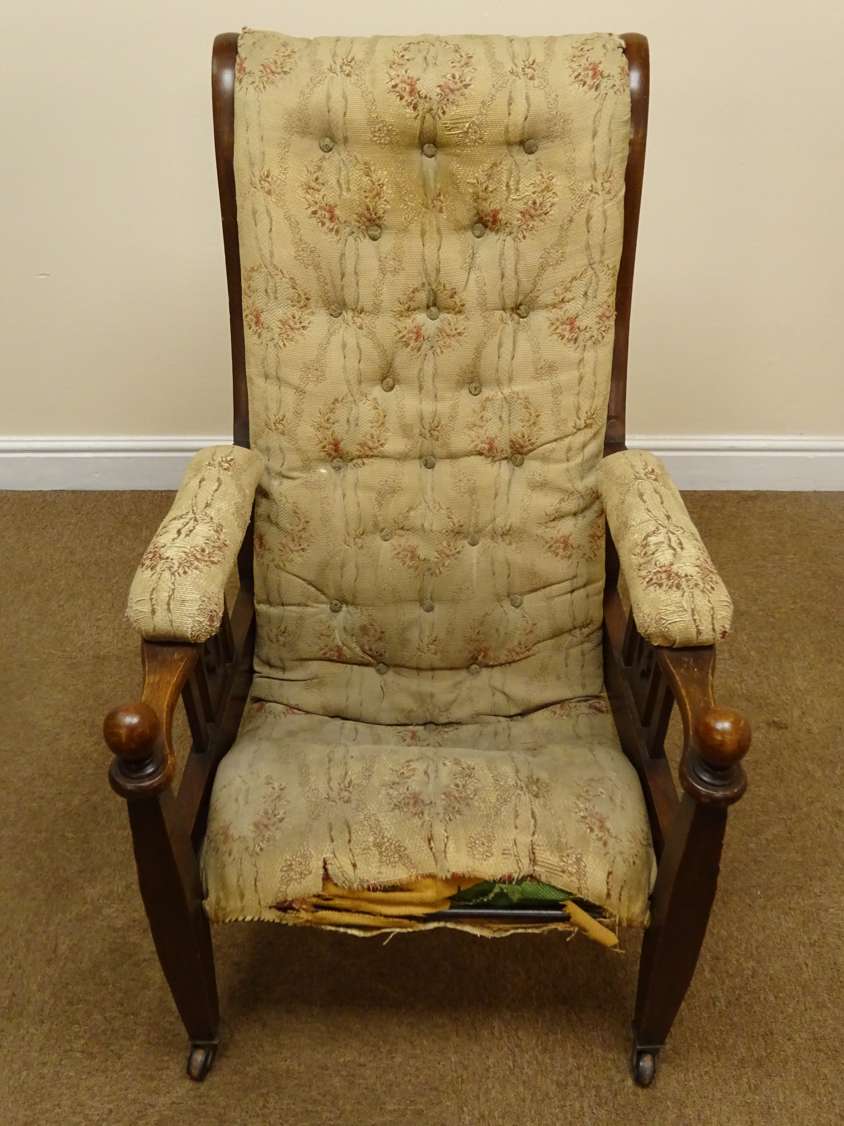 Arts & Crafts oak armchair, upholstered back, seat and arm pads, pierced and railed side panels, - Image 3 of 6
