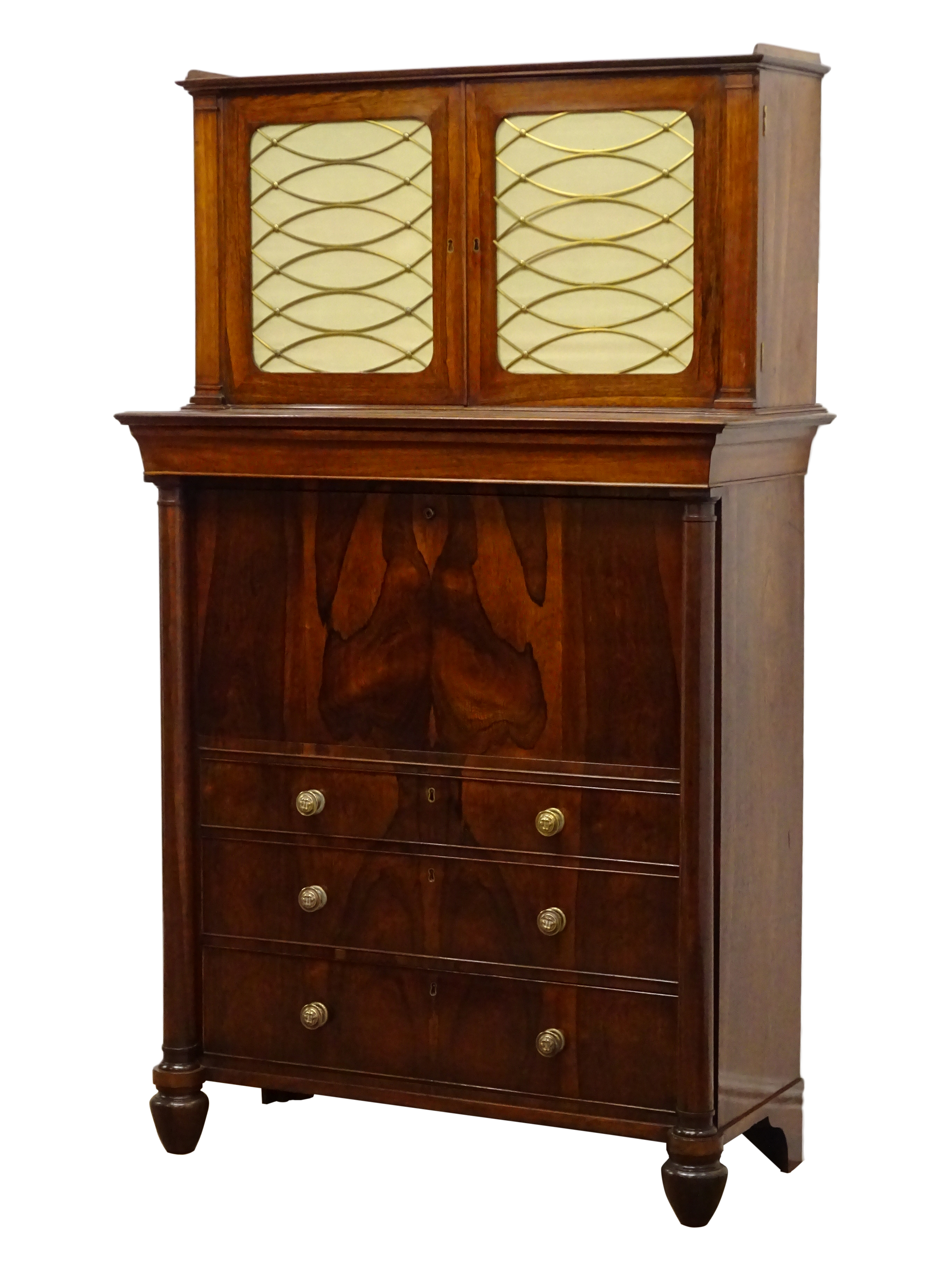 Regency rosewood secretaire cabinet, with brass galleried top and two brass grilled doors,