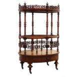 Victorian figured walnut oval Canterbury, pierced galleried top with turned finials,