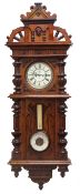 Large Victorian walnut wall clock with aneroid barometer and thermometer,
