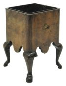 Queen Anne style figured walnut square jardiniere, shaped frieze on cabriole legs with hoof feet,